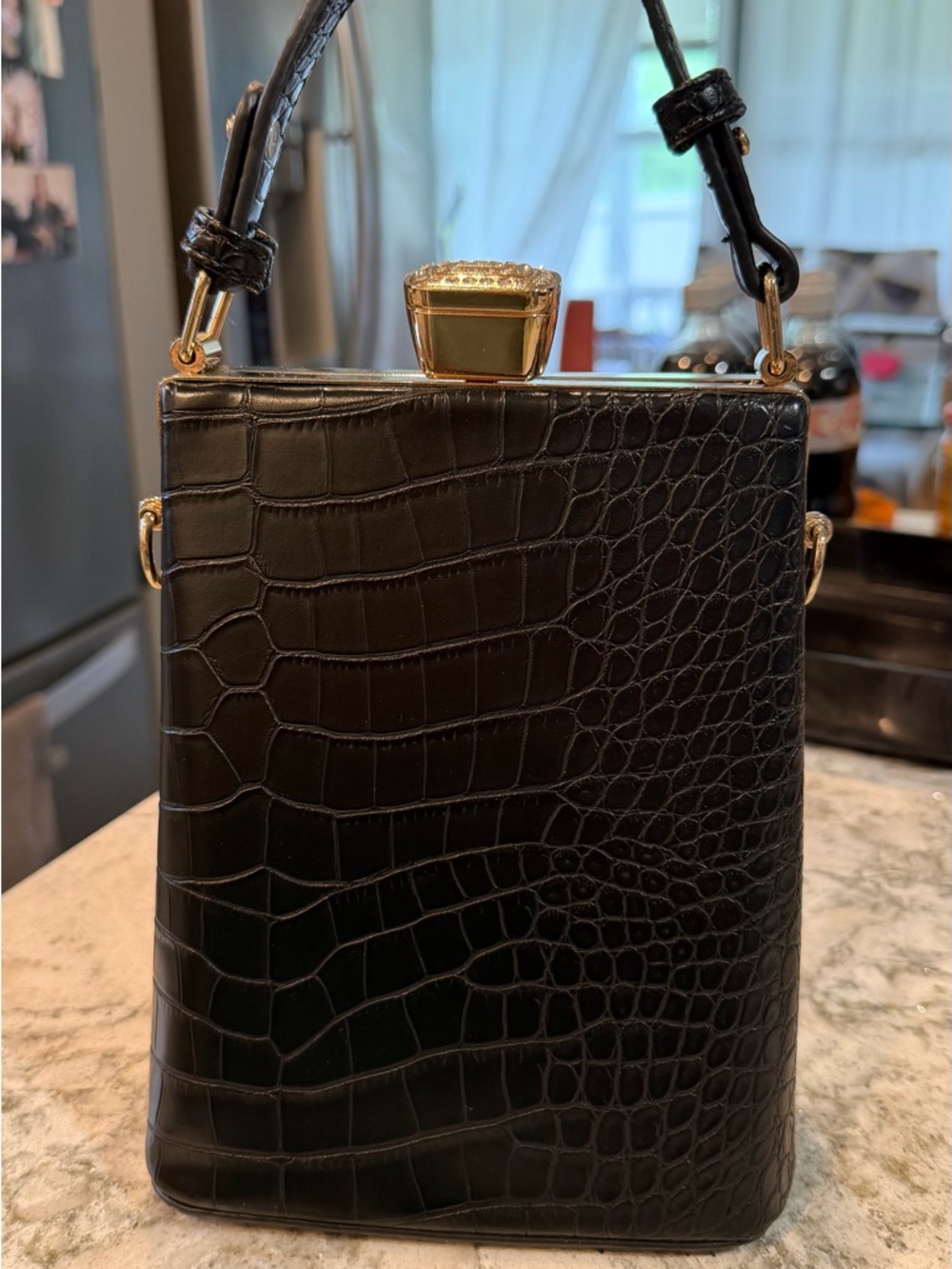 Black Croc-Embossed Top-Handle Bag with Gold Accent